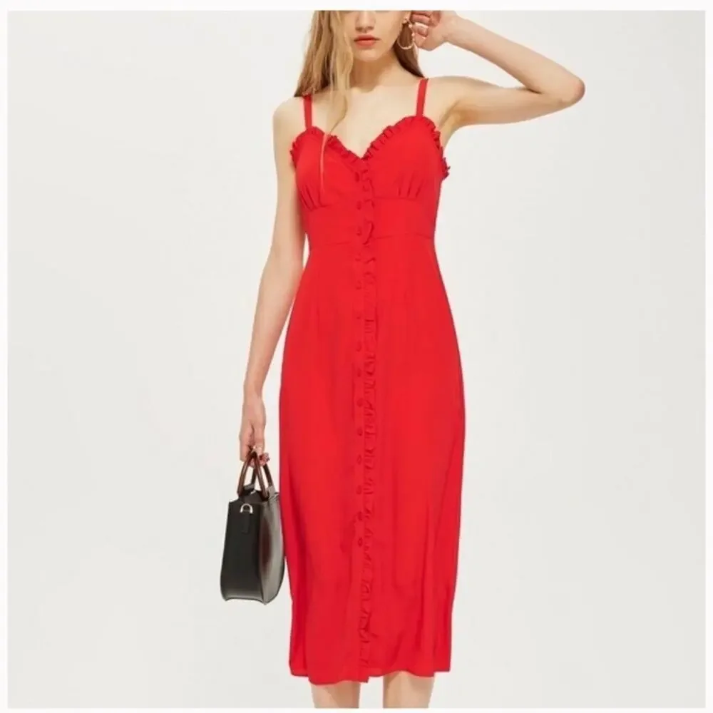 Topshop red ruffle accent button up sweetheart midi sunndress US size 8‎